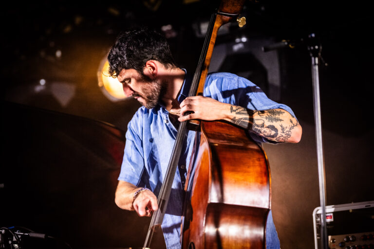 Een muzikant speelt een contrabas op een podium met sfeervolle verlichting.