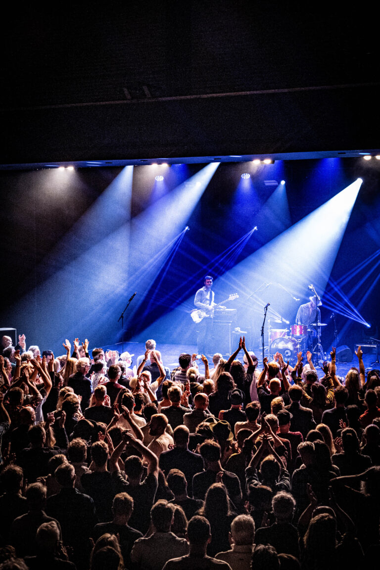 Een drukbezocht concert met een band op het podium en een publiek dat enthousiast meedeed.