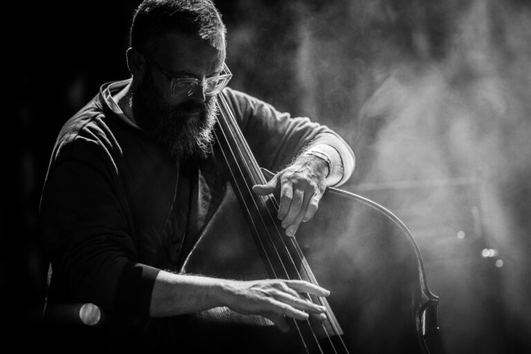 Een muzikant speelt een contrabas in een sfeervolle, mistige omgeving.