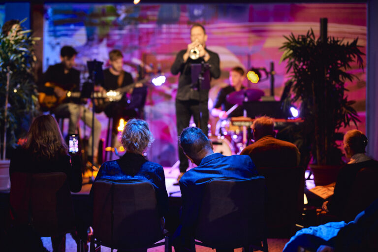 Publiek met op de achtergrond een band.