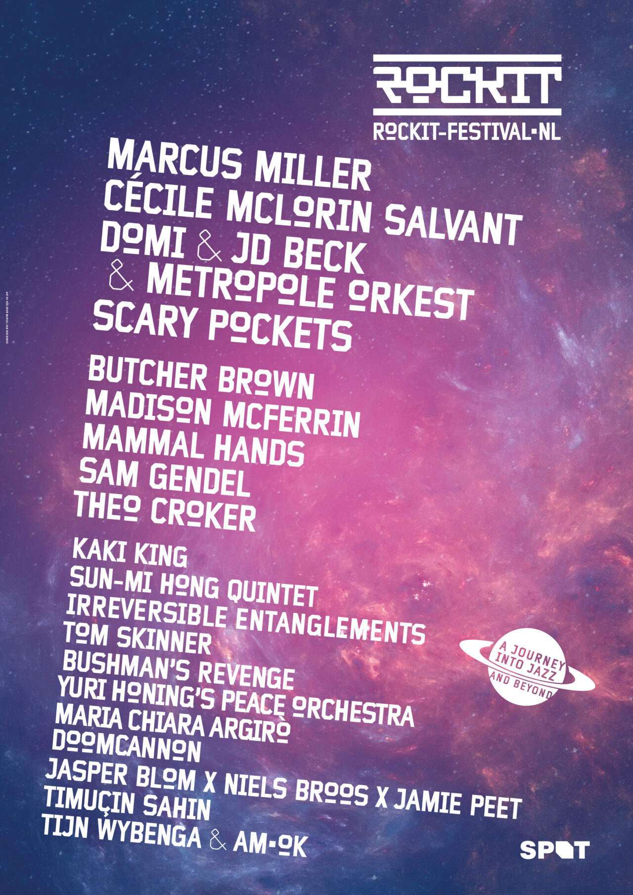 Een kleurrijk poster met een sterrenhemel als achtergrond, waarop verschillende muzikanten en bands zijn opgelijst voor een evenement.