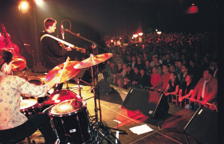 Een muzikant op het podium speelt voor een grote menigte tijdens een concert.