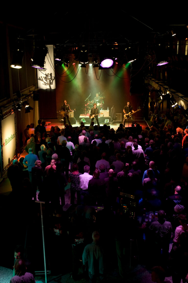Een liveband speelt voor een groot publiek in een sfeervolle concerthal.