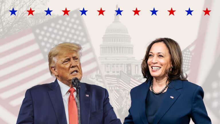 Een man en een vrouw in formele kleding met op de achtergrond het Capitool en Amerikaanse vlaggen.