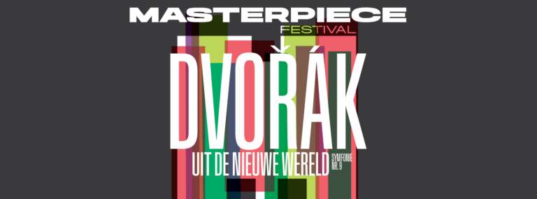 Poster van een festival met het woord DVORÁK in witte letters tegen een achtergrond van kleurrijke verticale strepen.