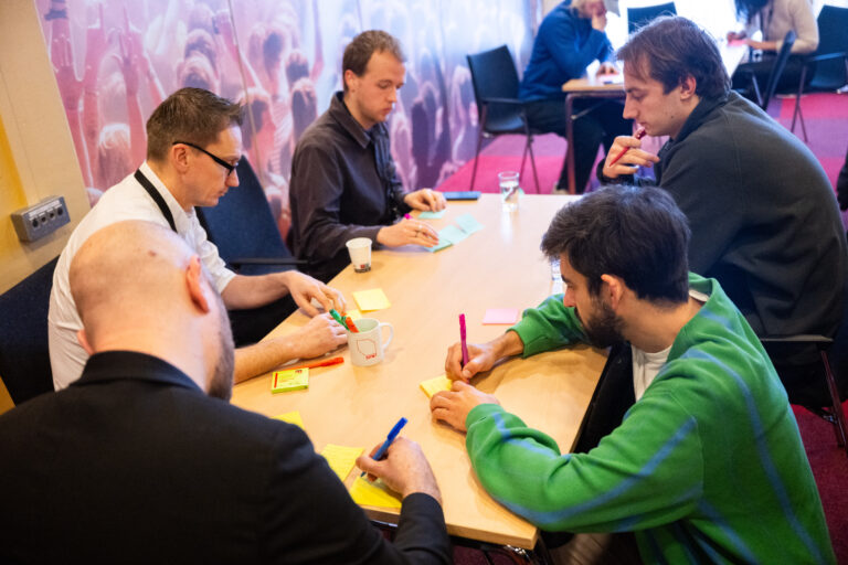 vijf personen zitten om een tafel heen en schrijven op post-its