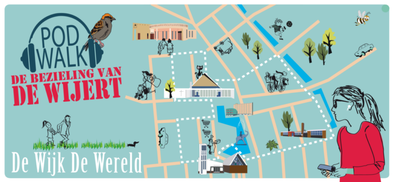 Illustratie van een plattegrond met verschillende iconen en tekeningen van kunstwerken en gebouwen, met de titel