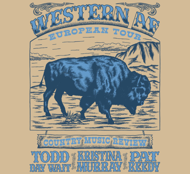 Beeld van een blauwgekleurde bison op een beige achtergrond, met tekst die verwijst naar de