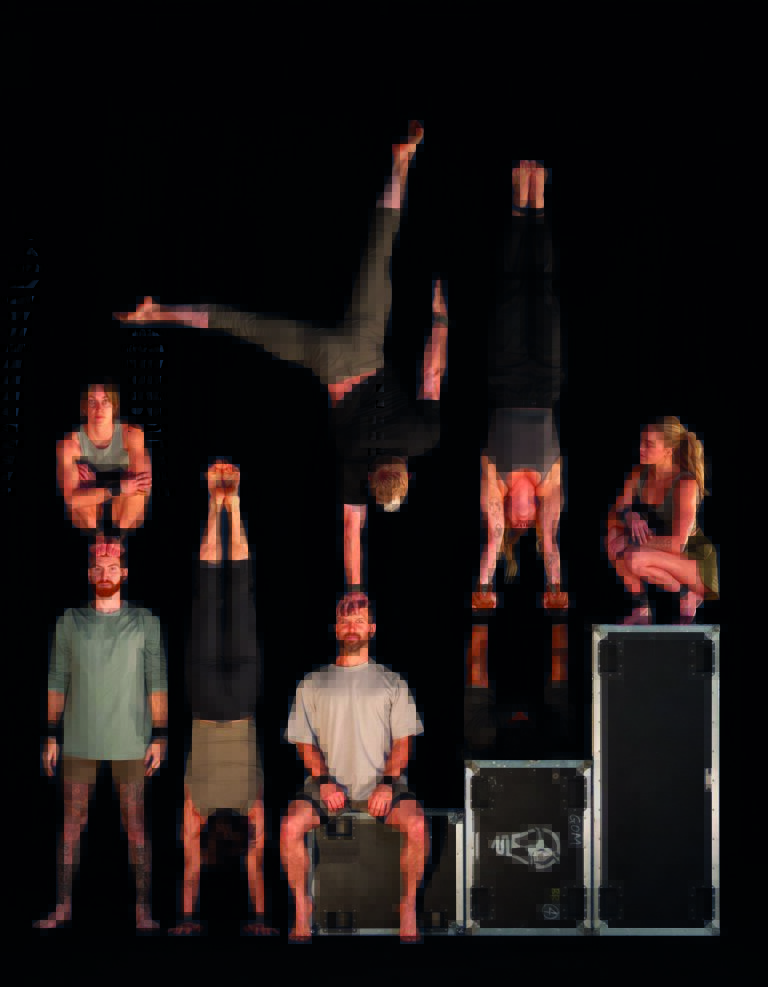 Een rij met acrobaten in handstand en menselijke torens