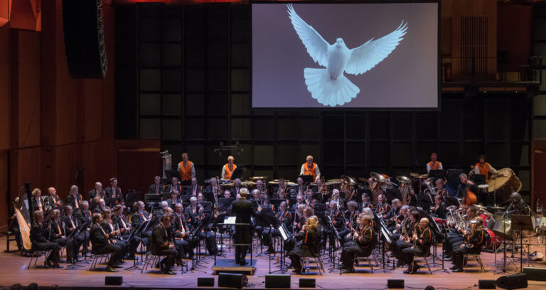 het orkest in een zaal en een scherm met witte vogel