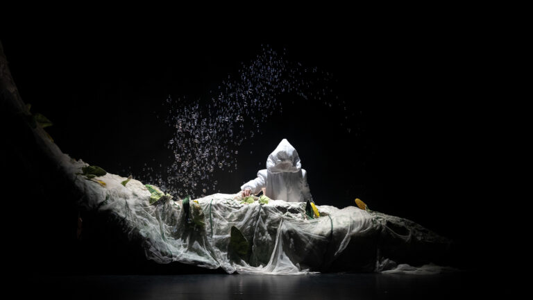 Kleine witte ijsformatie op een rotsachtig platform tegen een donkere achtergrond.