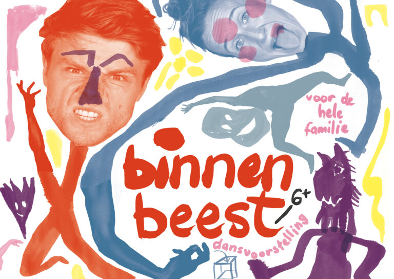 Kleurrijke tekening van poppetjes en de tekst Binnenbeest