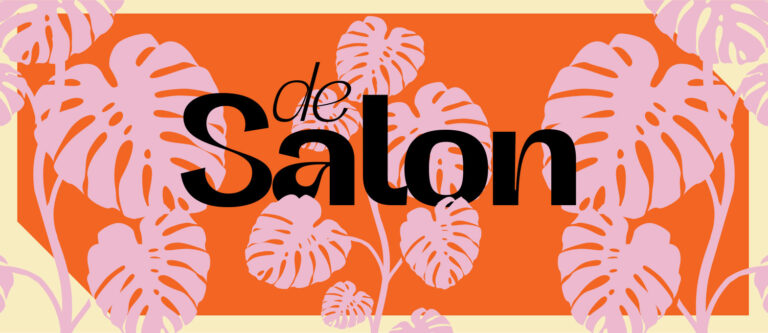 Logo met de tekst 'de Salon' en roze palmbladeren tegen een oranje achtergrond.
