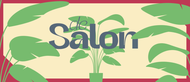 Grafische weergave gemaakt voor de serie De Salon, groene plant, gele achtergrond, ronde rand, letters De Salon in grijs