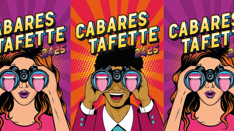 Geanimeerde mensen die door verrekijker kijken met tongen eruit