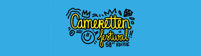 Logo cammeretten festival 58ste editie in geel met blauwe achtergrond