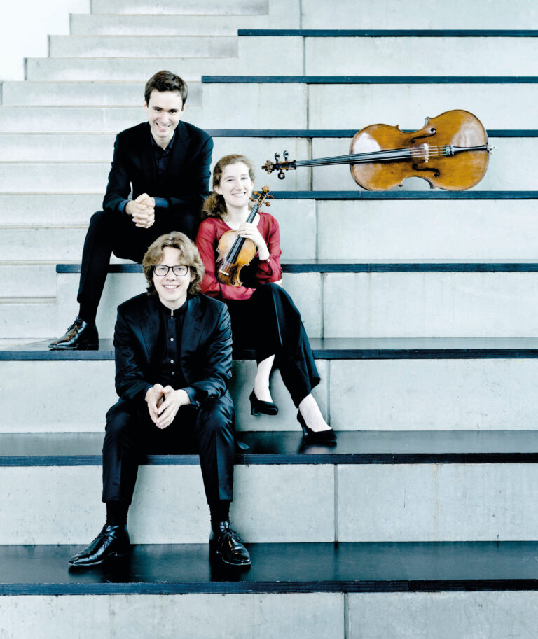 Drie muzikanten zitten op een grote trap met een cello en een viool