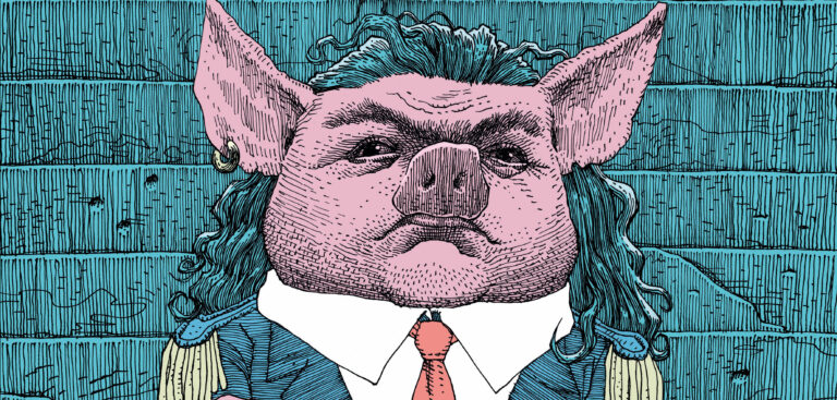 Getekend varken met oorbel en in militair uniform