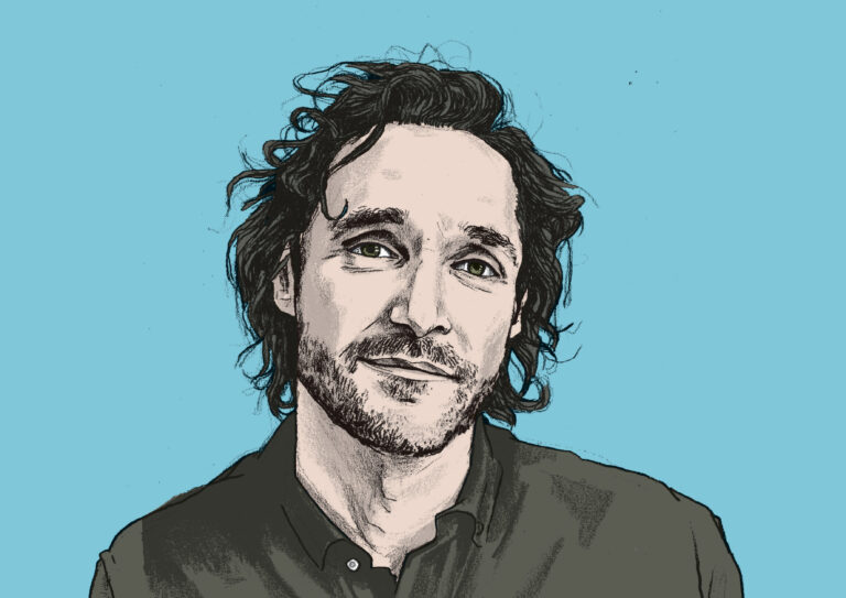 Zwart/wit geanimeerd portret van Javier met lichtblauwe achtergrond