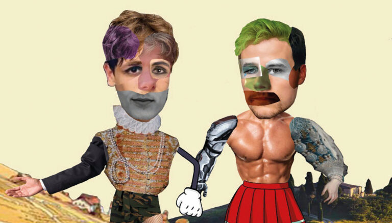 Collage foto van de twee acteurd met absurde onderdelen zoals een eendenpoot, een boomstambeen en een robocoparm.