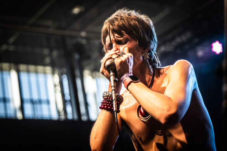 Een muzikant met een harmonica geeft een gepassioneerd optreden op een podium.