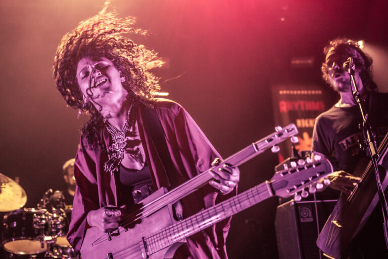 Een muzikant speelt enthousiast op een dubbele basgitaar tijdens een live optreden met kleurrijke verlichting.