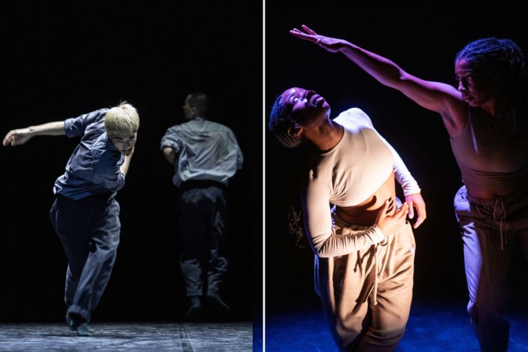 Twee foto's van dansers die moderne dans uitvoeren op een verlicht podium.