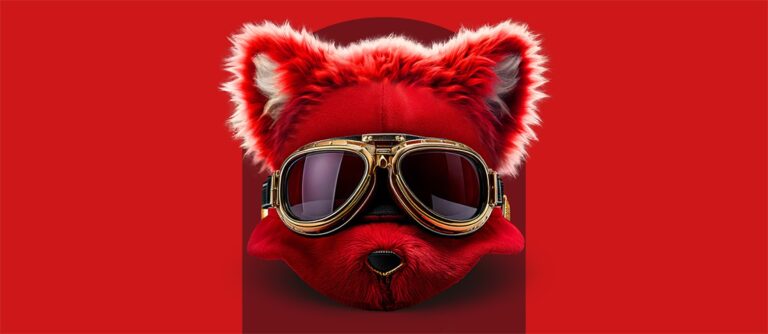 Een cartoonachtige rode vos met een fluffy uiterlijk en een paar goudkleurige, retro-sportbrillen.