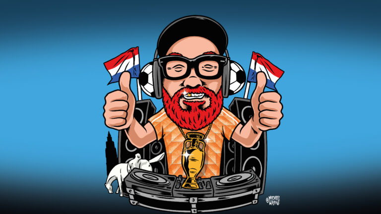 Getekend persoon met een rode baard en grote bril in een voetbal t-shirt van NL