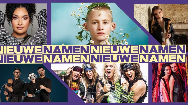 Een collage met verschillende afbeeldingen, waaronder een jongen omringd door bloemen en een band met rockers, met de tekst