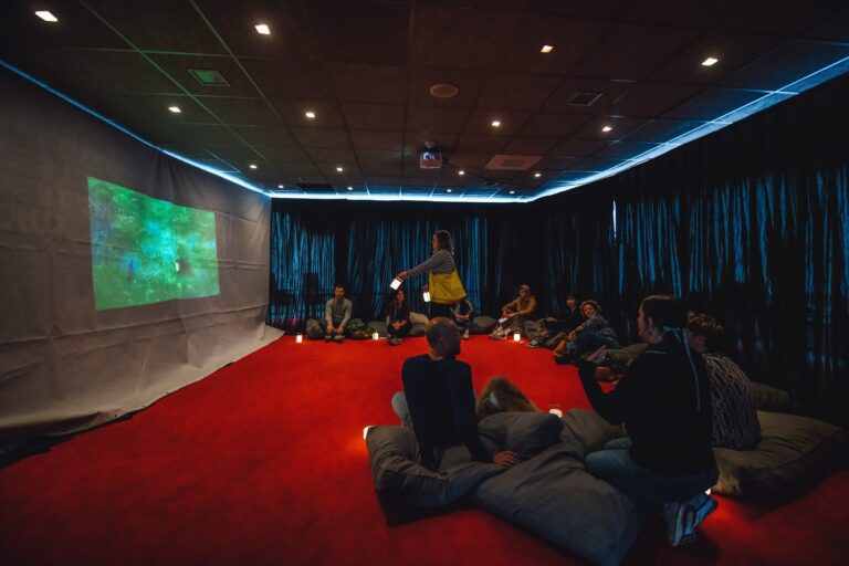 Een groep mensen zit in een verduisterde kamer met een grote projectiescherm aan de muur.