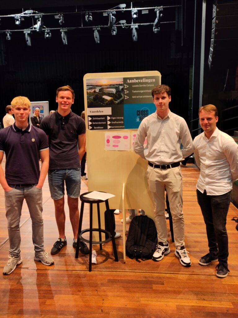 Vier mannen staan voor een presentatiebord in een binnenruimte.