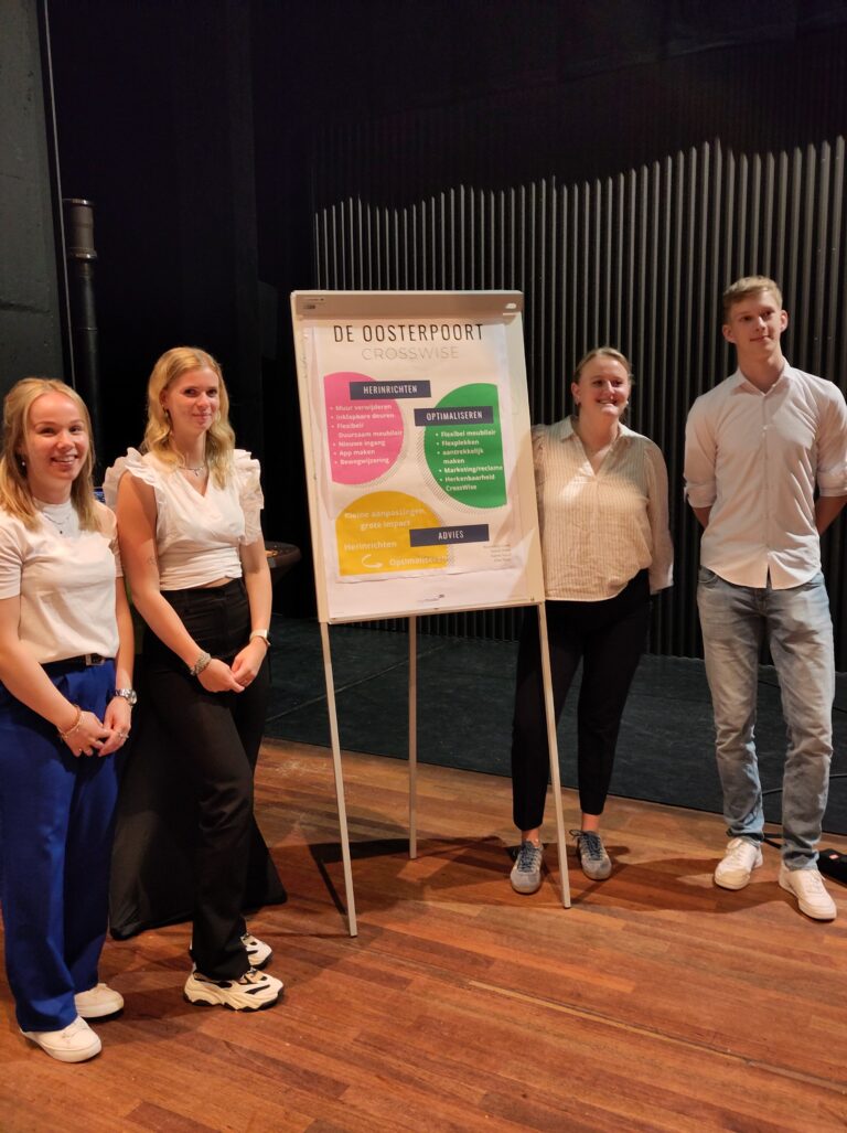 Een groep mensen presenteert een poster op een bord in een zaal.