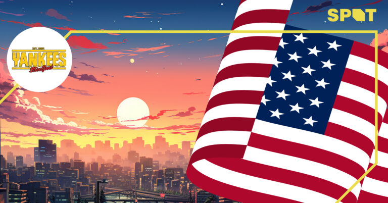 Een stadslandschap met een zonsondergang op de achtergrond, een Amerikaanse vlag en de tekst 