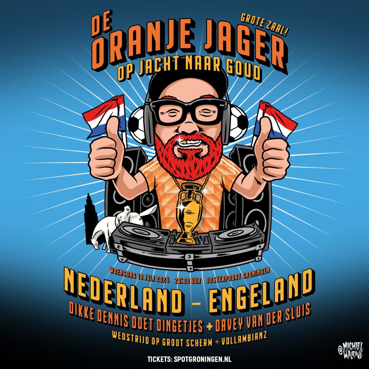 Illustratie van een cartoonfiguur met een baard, een oranje hoed, en twee Nederlandse vlaggen, omringd door teksten over een evenement met de titel