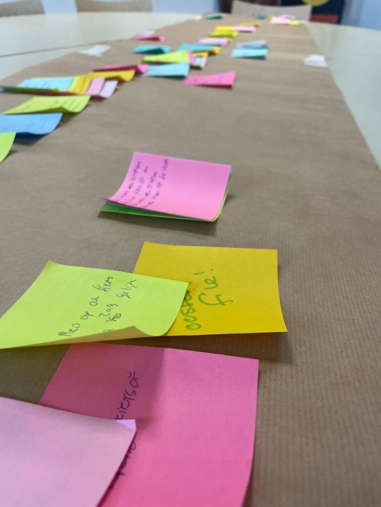 Kleurrijke post-it notities verspreid over een tafel.