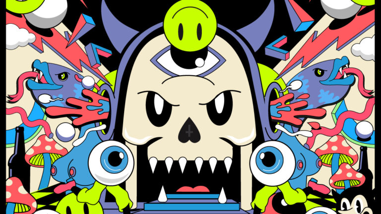 Kleurrijke illustratie van een schedel met een derde oog en surrealistische elementen eromheen