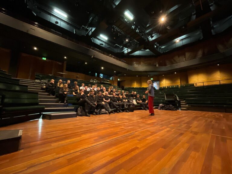 vanaf het ;podium in de kleine zaal kijken we naar de tribune waarop studenten aandachtig aan het luisteren zijn naar het persoon op het podium
