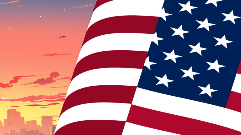 Amerikaanse vlag met zonsondergang op de achtergrond.