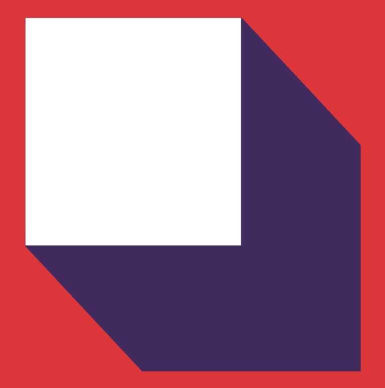 Blokje in perspectief in wit en donker blauw met rode achtergrond