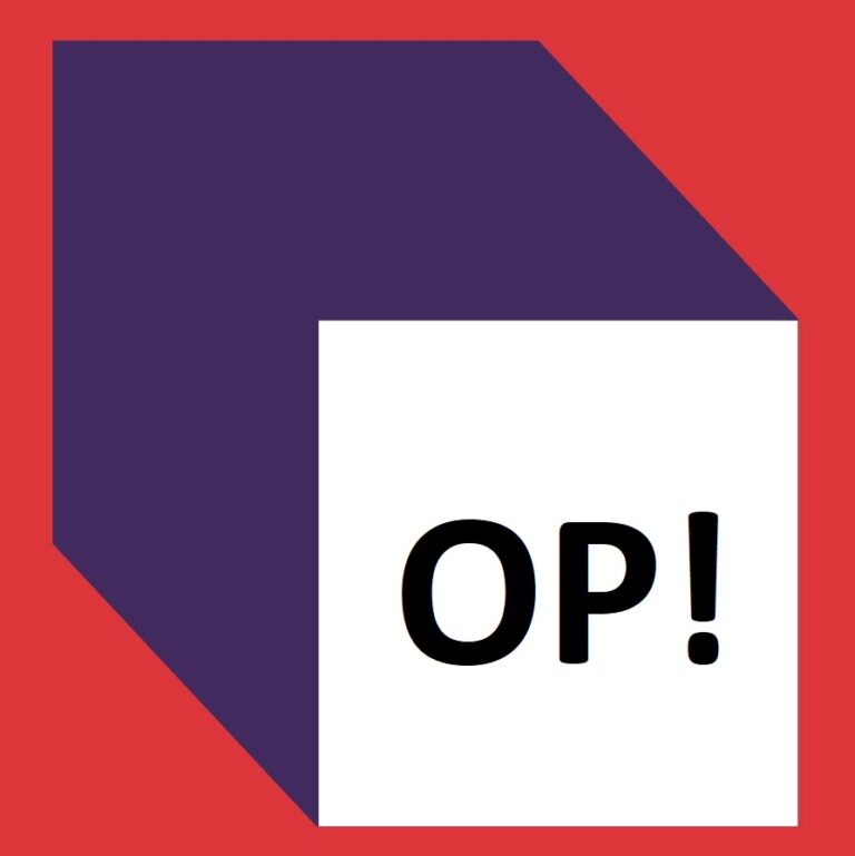 Blokje in perspectief in wit en donker blauw met rode achtergrond met het woord 'op!' erop.