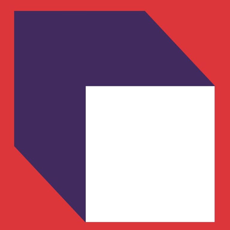 Blokje in perspectief in wit en donker blauw met rode achtergrond