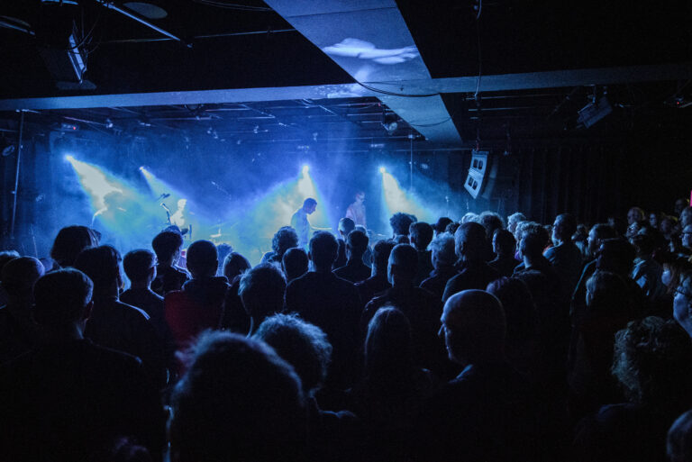 Een menigte bij een live muziekoptreden met blauwe lichten op het podium.