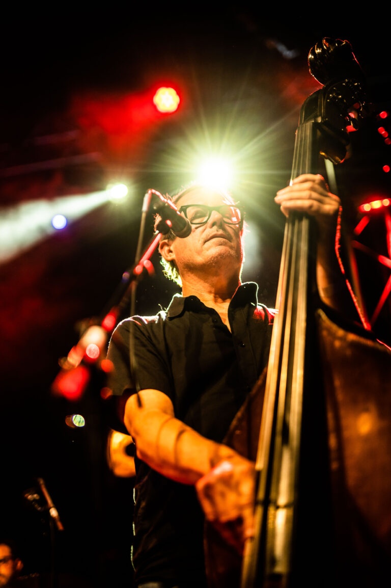 Een muzikant speelt contrabas op een podium met kleurrijke lichten.