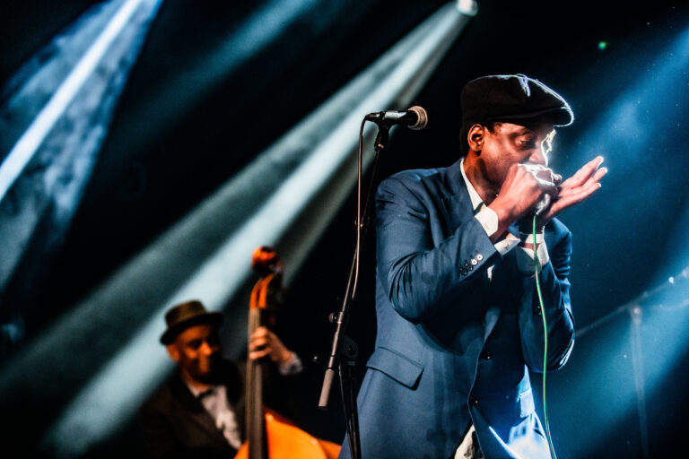 Een muzikant die een mondharmonica speelt op een podium, met een bassist op de achtergrond en theatrale verlichting.