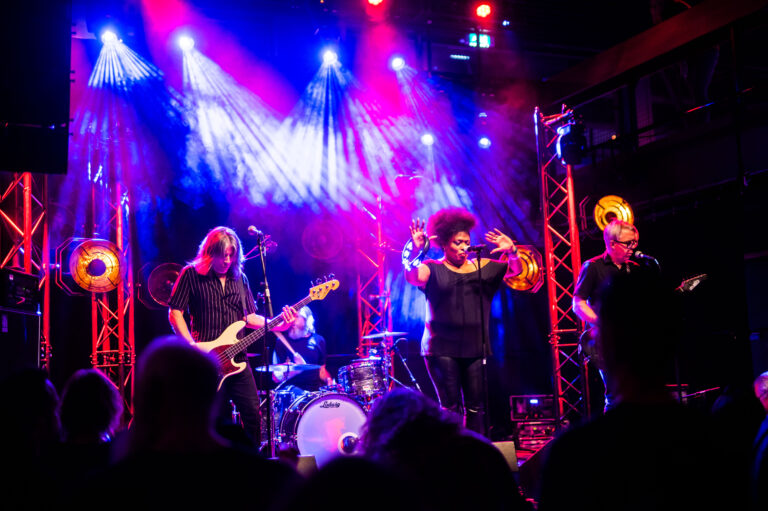 Een band speelt live op een podium met kleurrijke lichten en een enthousiaste menigte in de voorgrond.