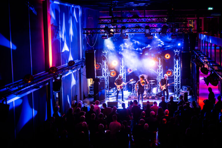 Een live band speelt op een podium, omringd door kleurrijke lichten en een enthousiaste menigte.