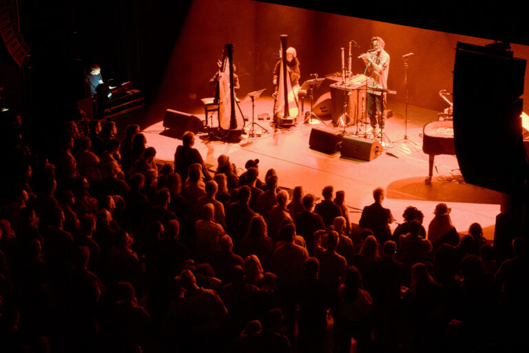 Een publiek geniet van een live muziekoptreden met muzikanten op het podium, omringd door instrumenten zoals harpen.