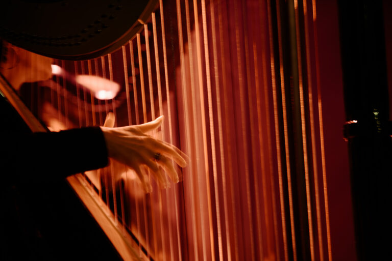 Een hand bespeelt de snaren van een harp, met sfeervolle verlichting op de achtergrond.