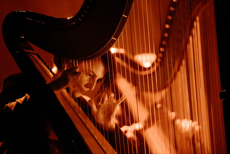 Een harpiste speelt een harp in een sfeervolle, gedempte verlichting.